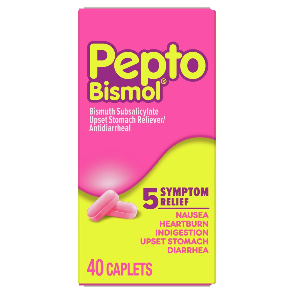 Pepto Bismol Caplets for Nausea, Heartburn, Indigestion, Upset Stomach, and Diarrhea - 5 Symptom Fast Relief in Convenient Form 40 Ct