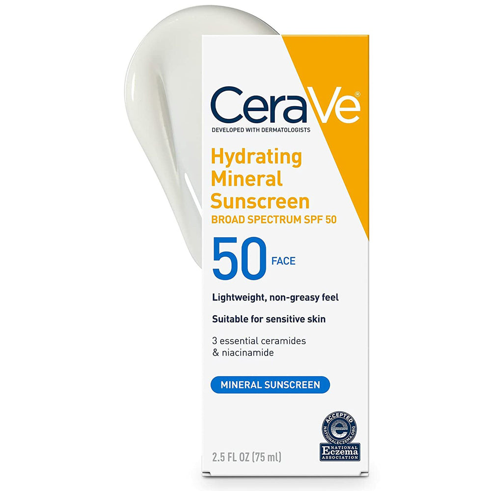 CeraVe Hydrating Mineral Sunscreen SPF 50 - Body Sunscreen with Zinc Oxide & Titanium Dioxide for Sensitive Skin - 2.5oz/75ml