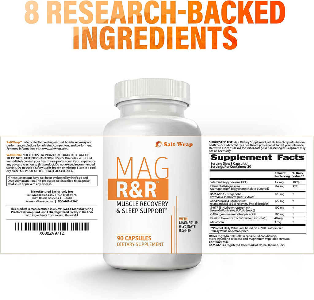 Saltwrap Mag R&R - Nighttime Muscle Cramps Support, Natural Sleep Support for Adults with Magnesium Glycinate for Muscle Spasm and Leg Cramps Relief, 90 Capsules