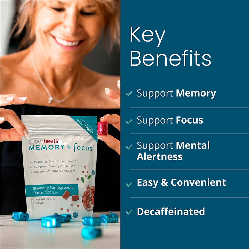 Humann Memory & Focus Chews - Mental Alertness - from the Makers of Superbeets, Blueberry Pomegranate Flavor, 30 Count
