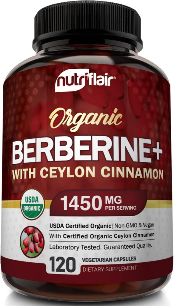 "Organic Berberine with Ceylon Cinnamon - Boost Glucose Metabolism, Immune Support, and Weight Management - 1450mg, 120 Capsules"