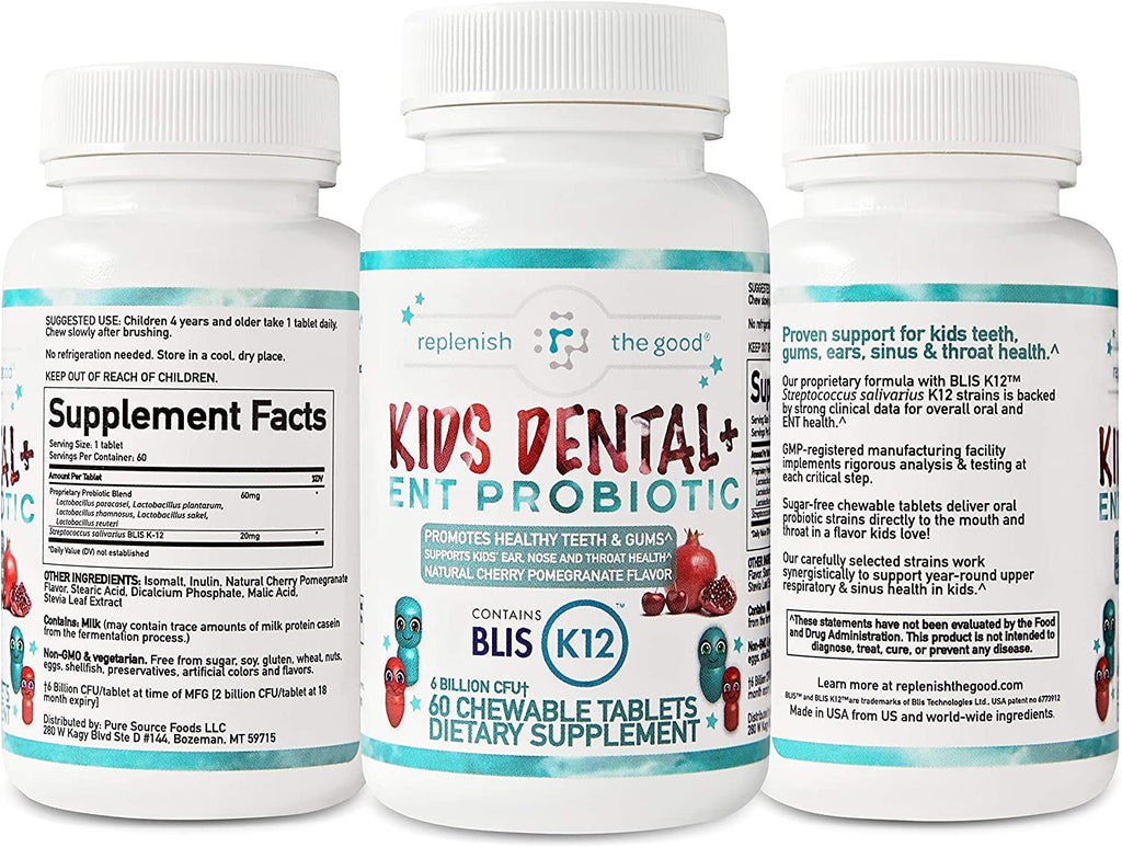Replenish the Good Kids Dental & ENT Vegan Probiotics W/Blis K12 | Promotes Healthy Teeth & Gums | Supports Ears, Nose & Throat Health | 60 Sugar-Free Chewable Tablets (Cherry Pomegranate Flavor)