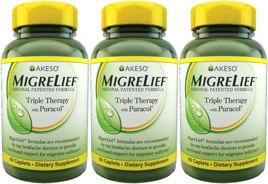 Migrelief Original Triple Therapy with Puracol - Nutritional Support for Migraine Sufferers - 60 Caplets/1 Month Supply