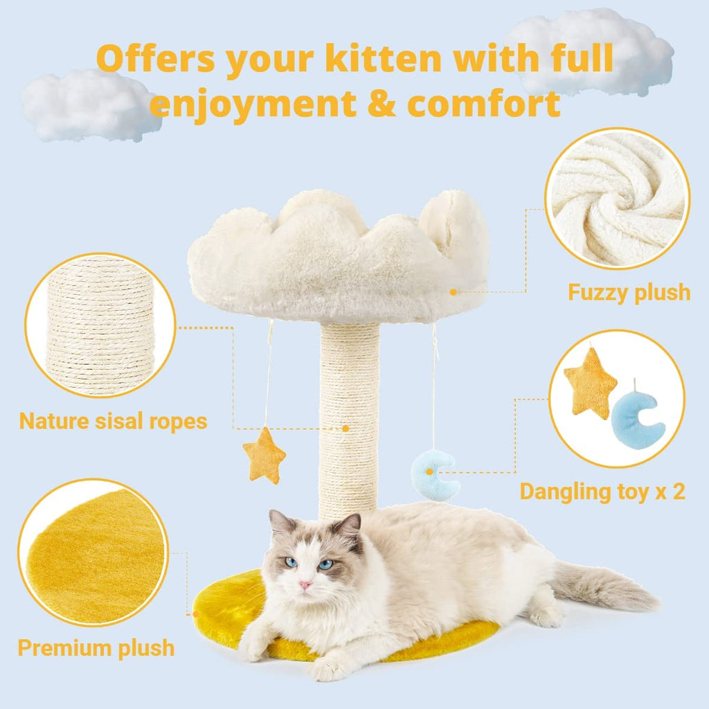 Happi N Pets Cloud Cat Scratching Post with Bed, Cat Tree Tower for Indoor Cats, Nature Sisal Cat Scratcher with Cozy Fluffy Perch for Kitten & Adult Cats, Small Cat Tower with Toys, Stable Cat Stand…