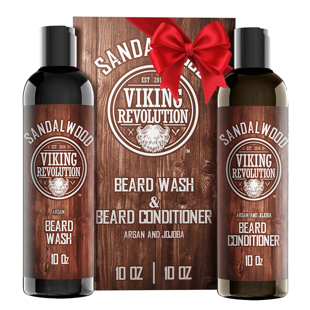 "Viking Revolution Beard Care Kit - Nourishing Beard Wash & Conditioner Set with Argan & Jojoba Oils - Softens, Strengthens, and Enhances - Invigorating Sandalwood Scent - Includes Beard Shampoo and Oil (5Oz)"