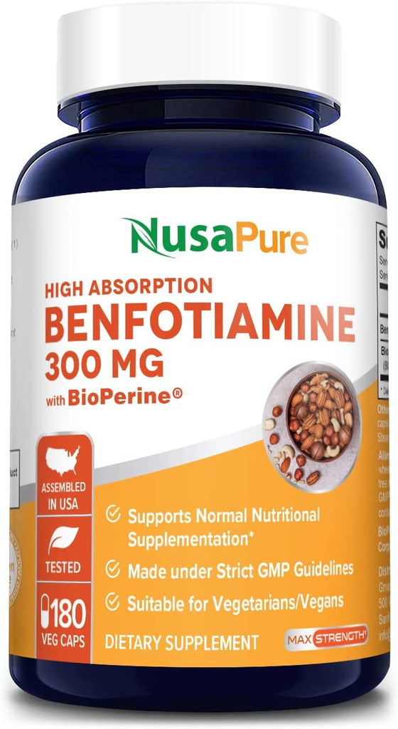 Nusapure Benfotiamine 300Mg 180 Veggie Caps (Non-Gmo,Vegan & Gluten-Free) with Bioperine