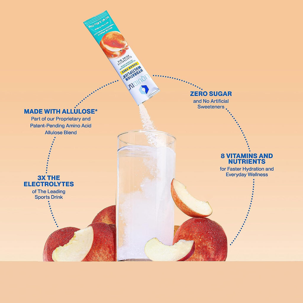 "Introducing Liquid I.V. White Peach Sugar-Free Hydration Multiplier - Stay Refreshed with Electrolyte Drink Mix! Convenient Single-Serving Stick Packs for On-the-Go Hydration. Non-GMO and Deliciously Effective - Get Yours Today!"