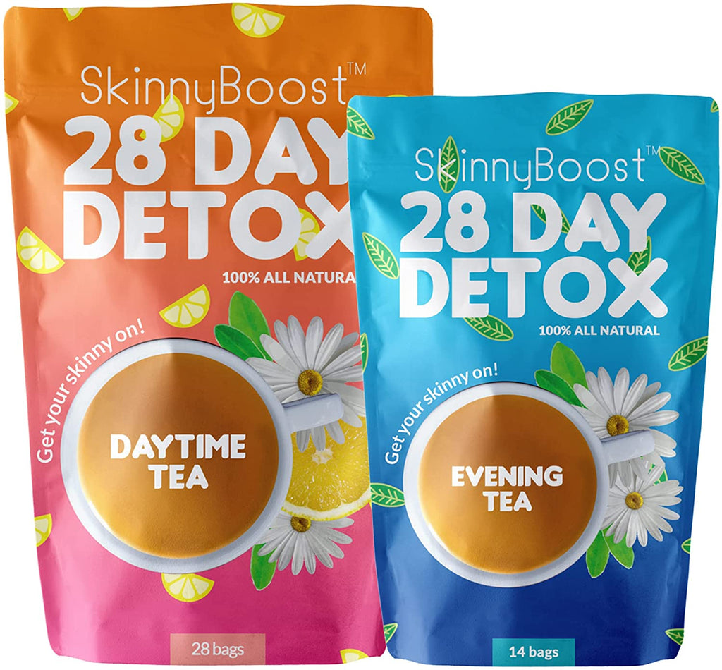 Skinnyboost 28 Day Detox Tea Kit-1 Daytime Tea (28 Bags) 1 Evening Detox Tea (14 Bags) Non GMO, Vegan, Reduce Bloating, All Natural Detox and Cleanse