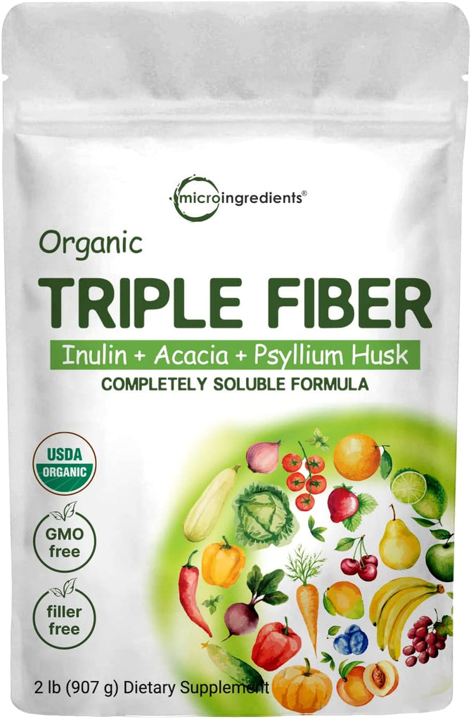 Organic Fiber Supplement (Inulin, Acacia, Psyllium Husk), 2 Pounds, 3 in 1 Fiber Formula, Daily Fiber, Unflavored, Soluble Fiber Prebiotics Supplement for Digestive Health, Hunger Control, Vegan