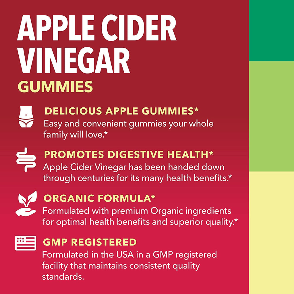 Organic Apple Cider Vinegar Gummies with the Mother | Metabolism Stomach Control & Energy Support | Vegan & Non-Gmo Natural Apple Flavor | 60 Count