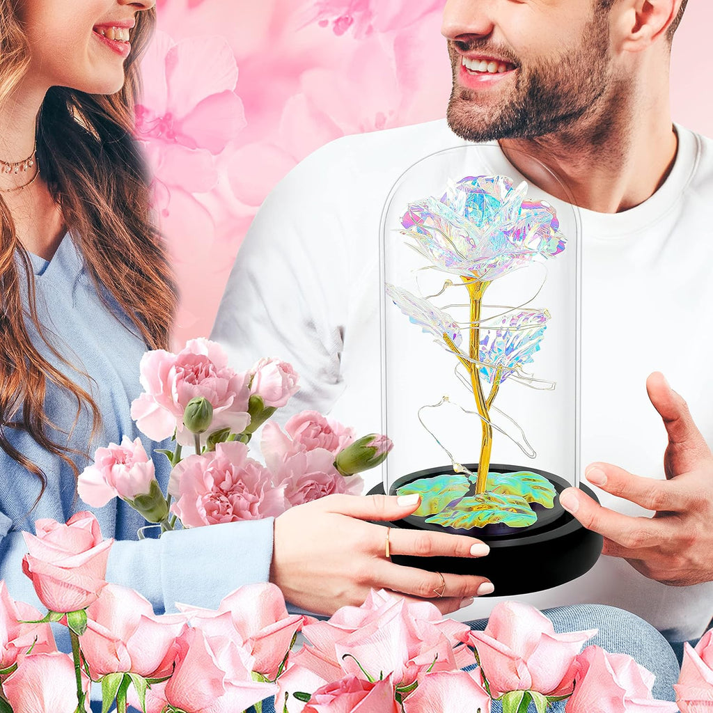 "Enchanting Glass Dome Rose: Perfect Birthday, Christmas, and Anniversary Gift for Women - Illuminate Her World with Colorful Rainbow Roses!"