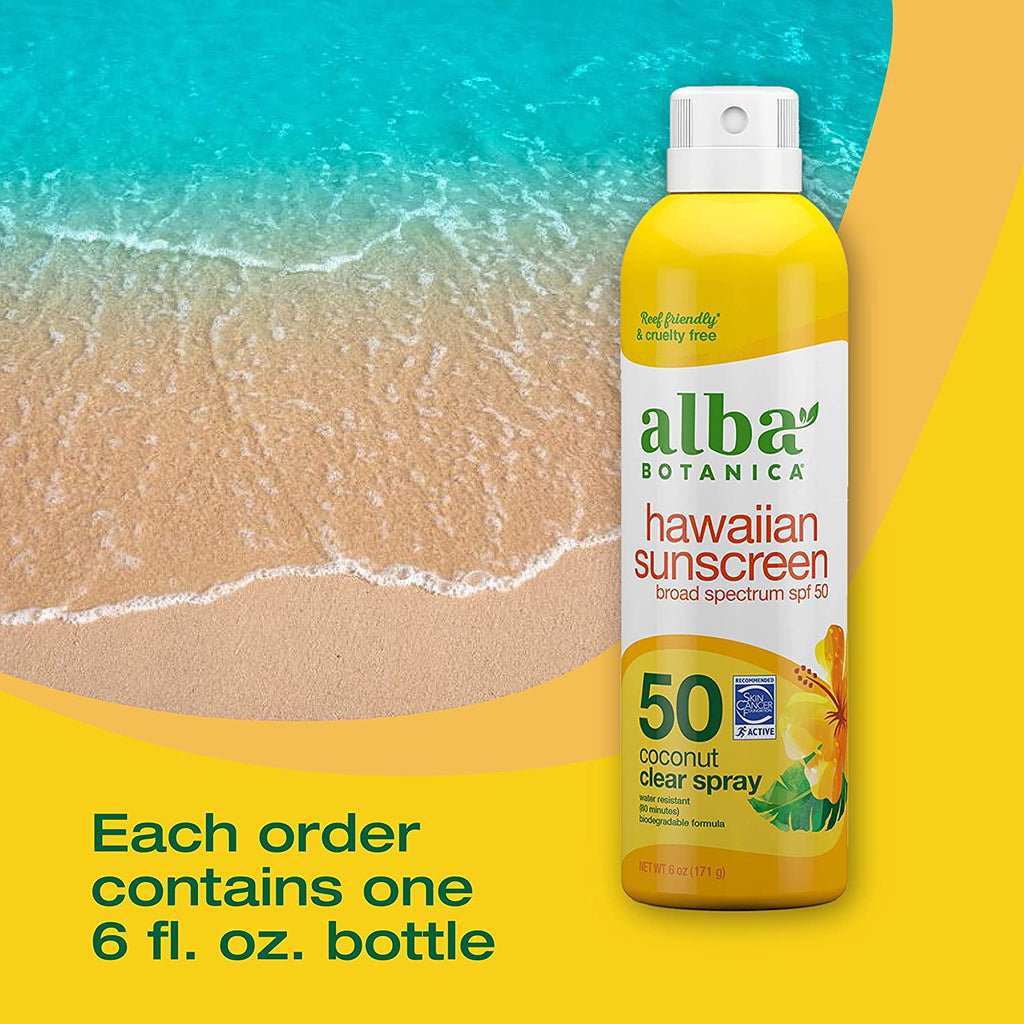 Alba Botanica Sunscreen for Face and Body, Hawaiian Coconut Sunscreen Spray, Broad Spectrum SPF 50 Sunscreen, Water Resistant and Biodegradable, 6 Fl. Oz. Bottle