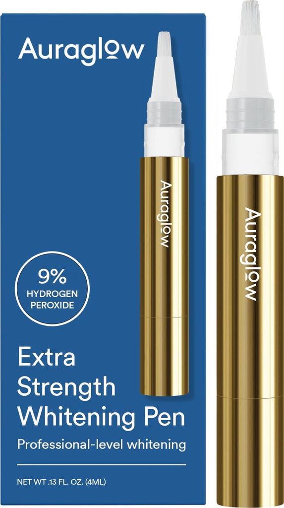 "Get a Dazzling Smile with Auraglow Extra Strength Teeth Whitening Pen - 40+ Fast Whitening Treatments, No Sensitivity Guaranteed! 4ML Pen with 9% Hydrogen Peroxide."