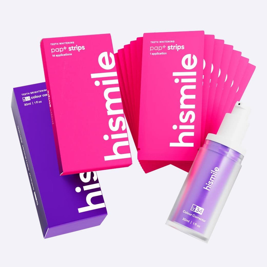 "Get the Perfect Smile with Hismile's Ultimate Whitening Combo: V34 Colour Corrector, Purple Teeth Whitening, Stain Removal Toothpaste, and Gentle Whitening Strips for Sensitive Teeth!"