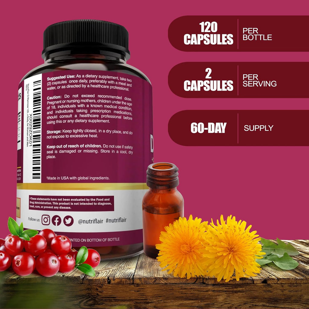 "Ultimate Urinary Tract Health Support: Nutriflair D-Mannose 1200mg Capsules with Cranberry and Dandelion Extract - Potent UTI Defense, Detoxify Your Body, and Boost Immunity - Ideal for Both Women and Men"