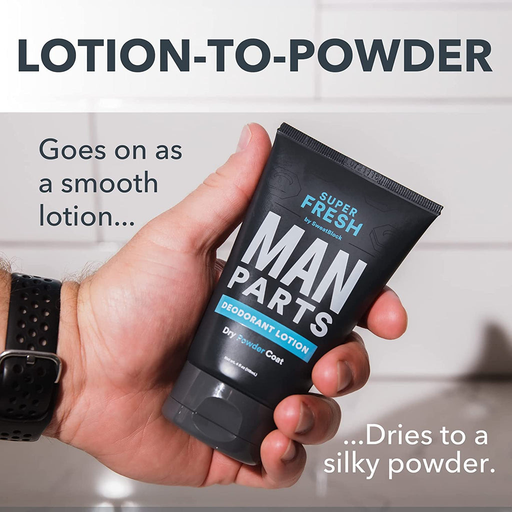 Super Fresh Man Parts Ball Deodorant for Men - 2-In-1 Deodorant & Powder Lotion That Deodorizes and Stops Sticky, Itchy, Smelly Man Parts - Aluminum Free, No Talc, No Parabens - Dermatologist Tested - Made in USA - 4 Fl Oz Tube