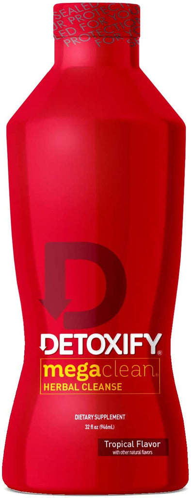 Detoxify Mega Clean Herbal Cleanse – Tropical Flavor – 32 Oz – Liquid Detox Drink for Dietary Supplement – Enhanced with Milk Thistle Extract, Ginseng Root & Guarana Seed Extract - plus Sticker