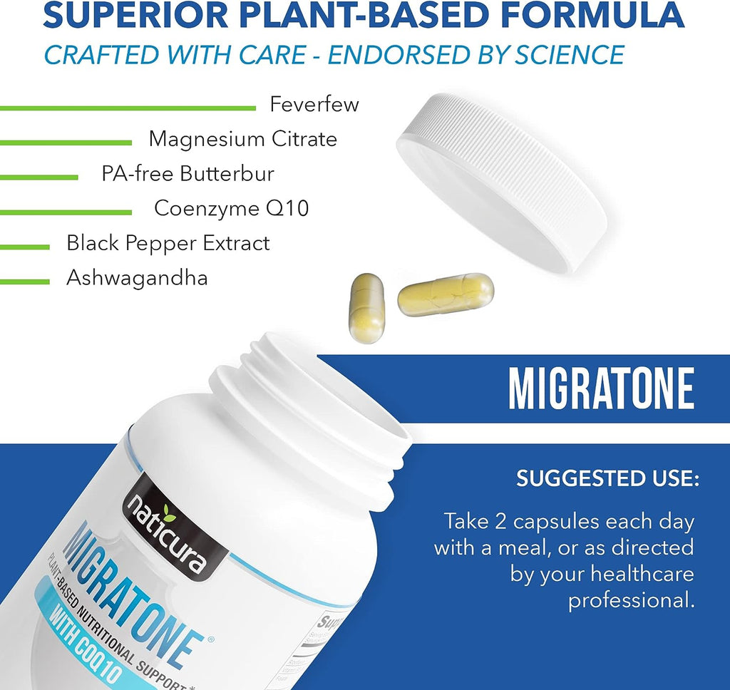 Migratone Migraine Relief - Natural Headache Relief Vitamin - Migraine Supplement with PA - Free Butterbur, Magnesium, Vitamin B2 B6 and B12, Microactive Coq10 and Feverfew - Migraine Clinic'S Choice