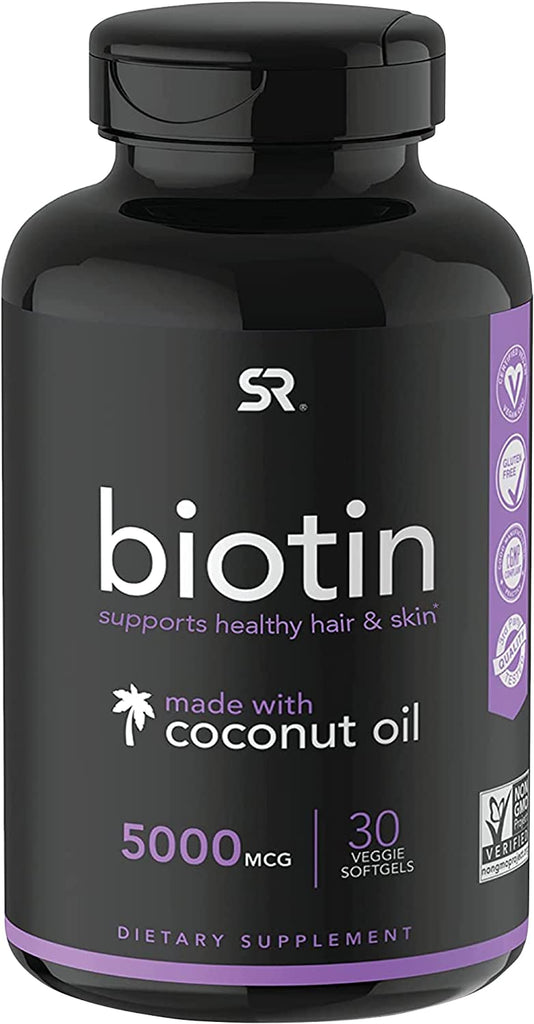 Sports Research Extra Strength Vegan Biotin (Vitamin B) Supplement with Organic Coconut Oil - Supports Keratin for Healthier Hair & Nails - Great for Women & Men - 10,000Mcg, 120 Veggie Softgel Capsules