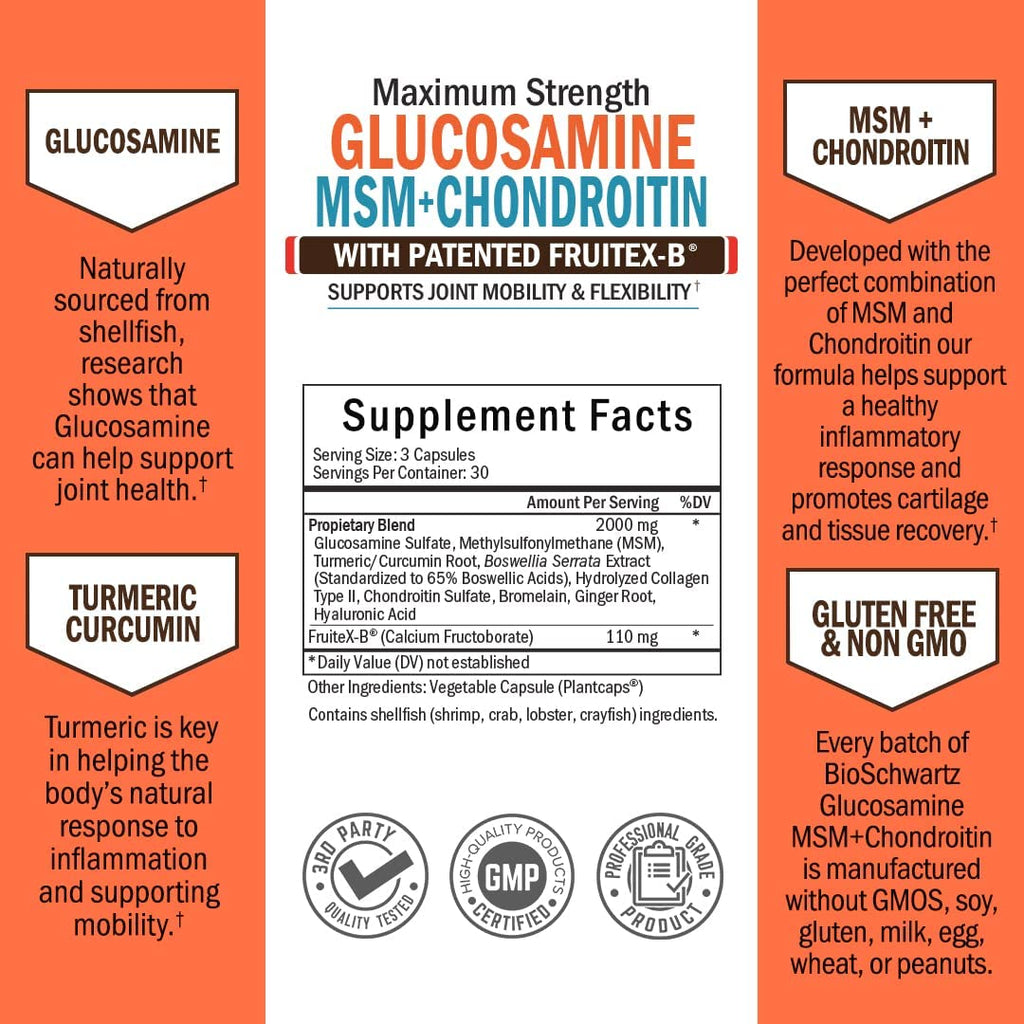 Glucosamine Chondroitin MSM 2,110Mg Joint Support Supplement with Turmeric Curcumin for Daily Relief & Healthy Inflammatory Response - Hands, Back & Knee Joint Health for Adults - 90 Capsules