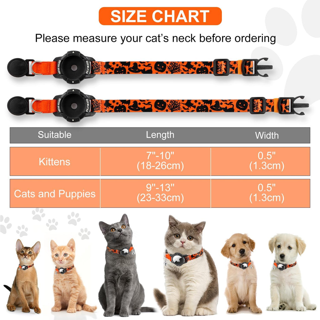 Halloween Airtag Cat Collar Breakaway, OUCWLTAG Integrated GPS Cat Collar with Luminous Apple Air Tag Holder, Cat Tracker Collars with Safety Elastic Band for Girl Boy Cats, Kittens and Puppies
