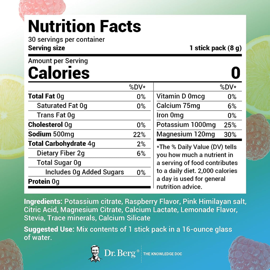 "Revitalize and Replenish with Dr. Berg's Ultimate Keto Electrolytes Powder - Boosted with Pink Himalayan Salt and a Refreshing Raspberry Lemon Twist - 30 Convenient Packets Packed with 1,000mg of Potassium!"