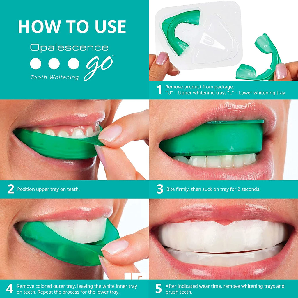 "Opalescence Go: Easy Teeth Whitening with Prefilled Trays - Get a Dazzling Smile with 15% Hydrogen Peroxide and Refreshing Mint Flavor!"