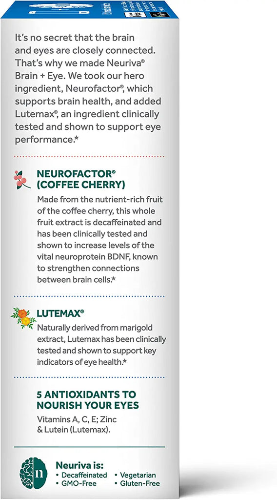 Lutein & Coffee Cherry – Neuriva Brain + Eye Support Capsules (30 Count in a Box), with Vitamins a C E, Zinc, Zeaxanthin, Antioxidants, Filters Blue Light, Decaffeinated, Vegetarian, Gluten & GMO Free