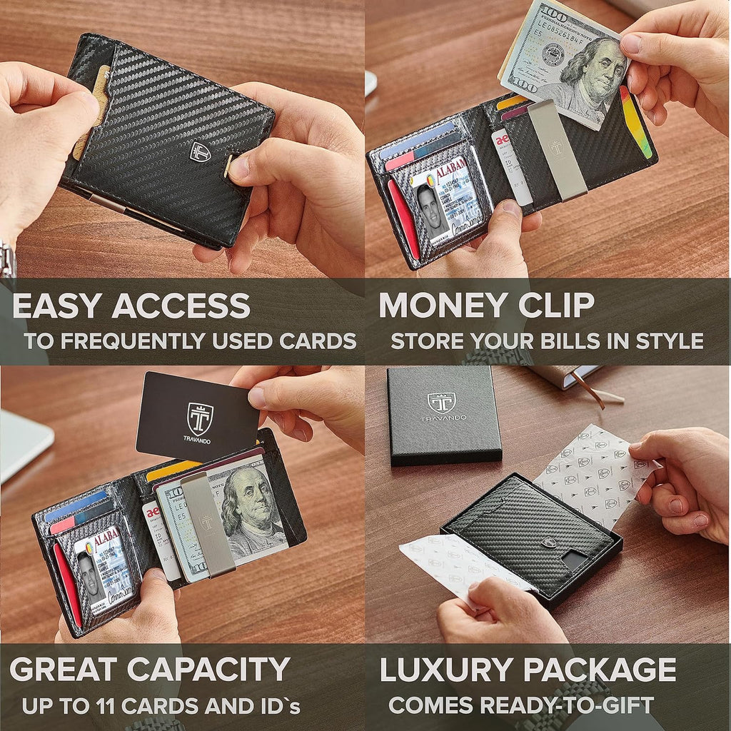 "Ultimate Stylish and Secure TRAVANDO Mens Slim Wallet - RFID Blocking Bifold Credit Card Holder with Money Clip - Perfect Gift in a Luxurious Gift Box"