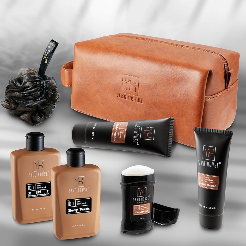 "Ultimate Indulgence: YARD HOUSE Deluxe Men's Spa Gift Set - Irresistible Smoky Sandalwood Scent - Complete All-Natural Grooming Kit for Men with Full-Size Body Wash, Facial Scrub, Body Lotion, Deodorant, and Stylish Leather Toiletry Bag"
