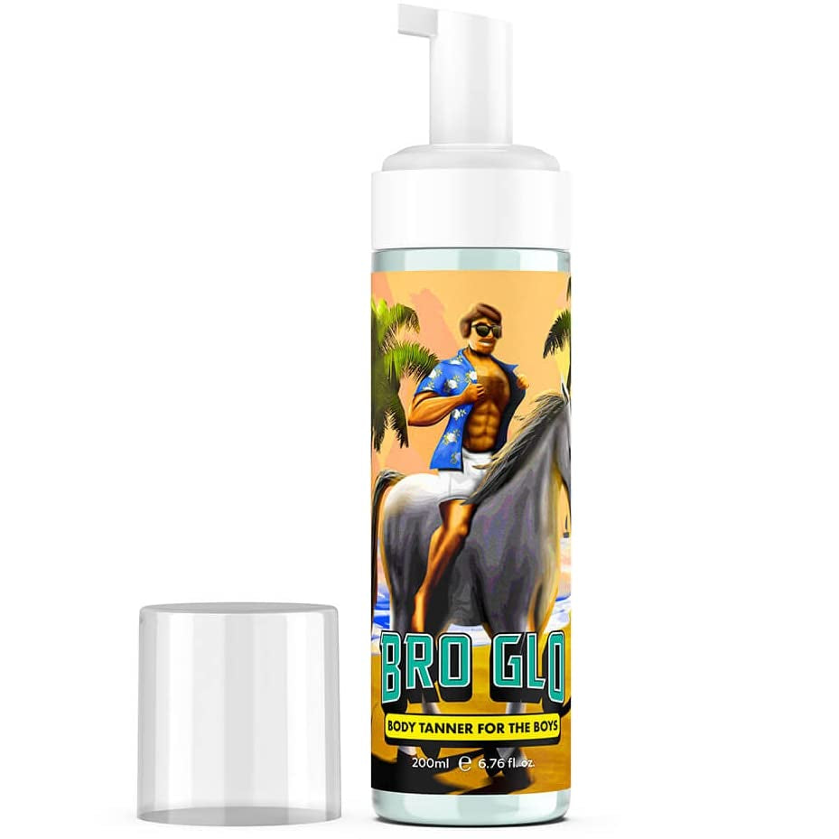 Bro Glo Self Tanner for the Boys - Quick Application Foam Mousse - Easy Sunless Tan for Face and Body - Oil Free Water Based for Faster Skin Drying - Natural Sun Kissed Bronze Color Perfect for Men - Beach and Pool Not Required 6.76 FL Oz