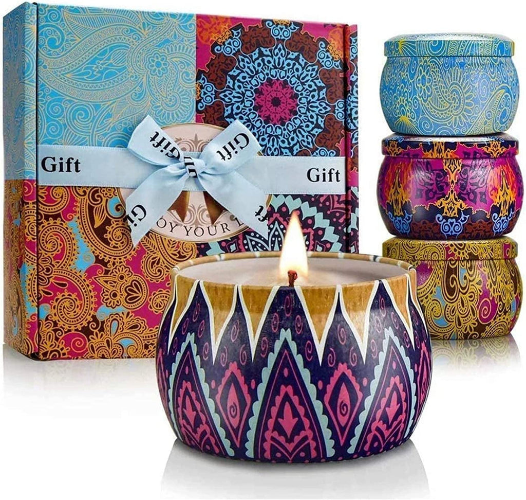 "Blissful Moments Scented Candle Set - 4 Pack Aromatherapy Candles with 8% Essential Oil for Ultimate Stress Relief and Relaxation. Perfect Gift!