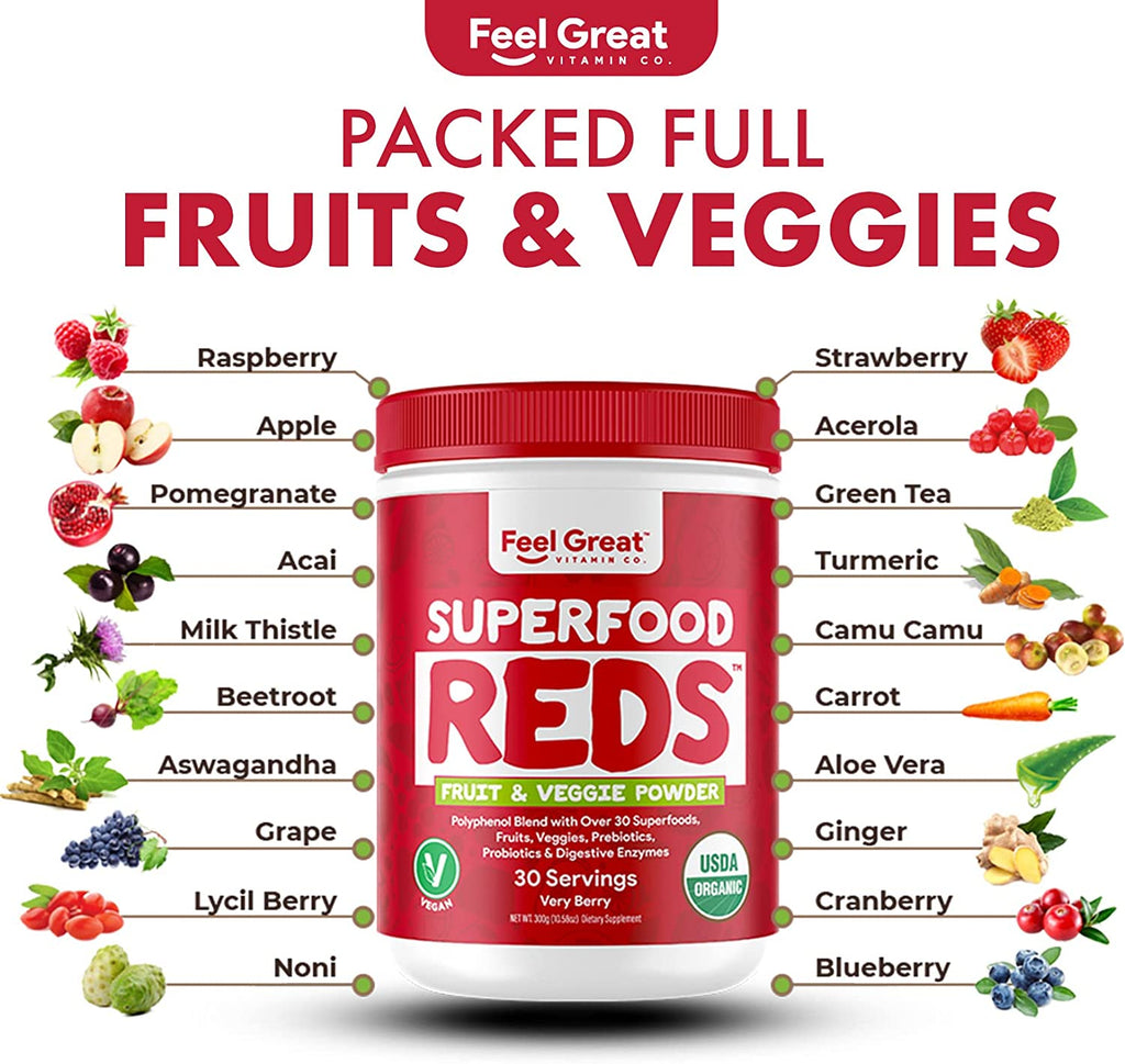 Organic Superfood Reds Powder | Fruit and Vegetable Supplement | Smoothie Mix Loaded with Organic Beet Root Powder | Vital Antioxidants & Polyphenols Supplement…