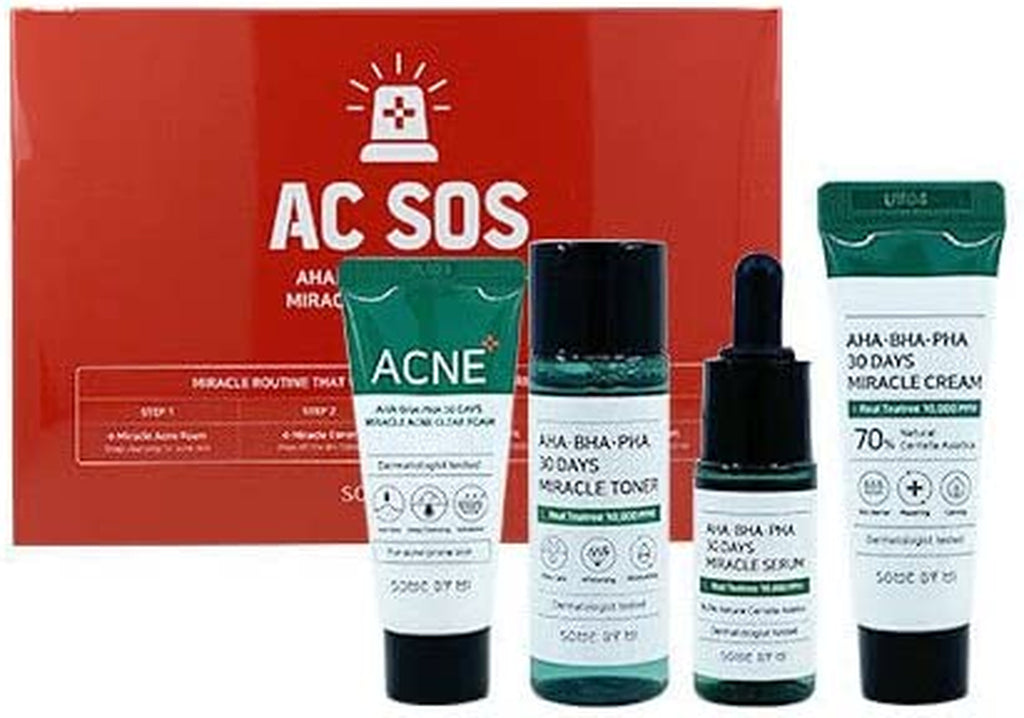 SOME by MI AHA BHA PHA 30 Days Miracle AC SOS Kit / Clear Foam 1.01OZ, Toner 1.01Oz, Serum 0.33Oz, Cream 0.7Oz / Strengthen Skin Barrier for Sensitive Skin / Acne and Sebum Care / Facial Skin Care Set - Free & Fast Delivery - Free & Fast Delivery