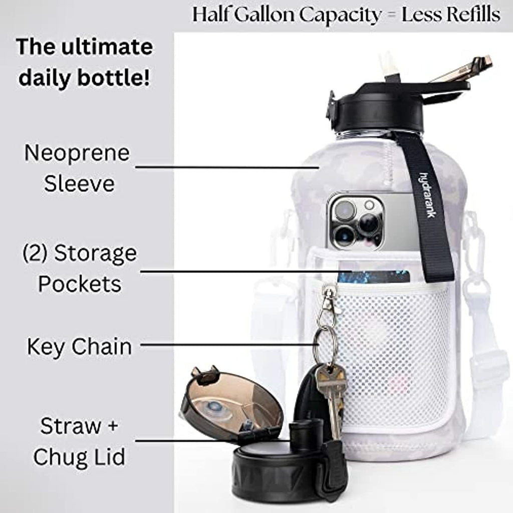 Half Gallon Water Bottle with Storage Sleeve & Straw Lid - BPA Free, Big Capacity, 74 ounce (2.2 Liter) Reusable Large Water Jug with Handle for Daily Hydration, Sports, Gym Bottles (Graphite Camo)