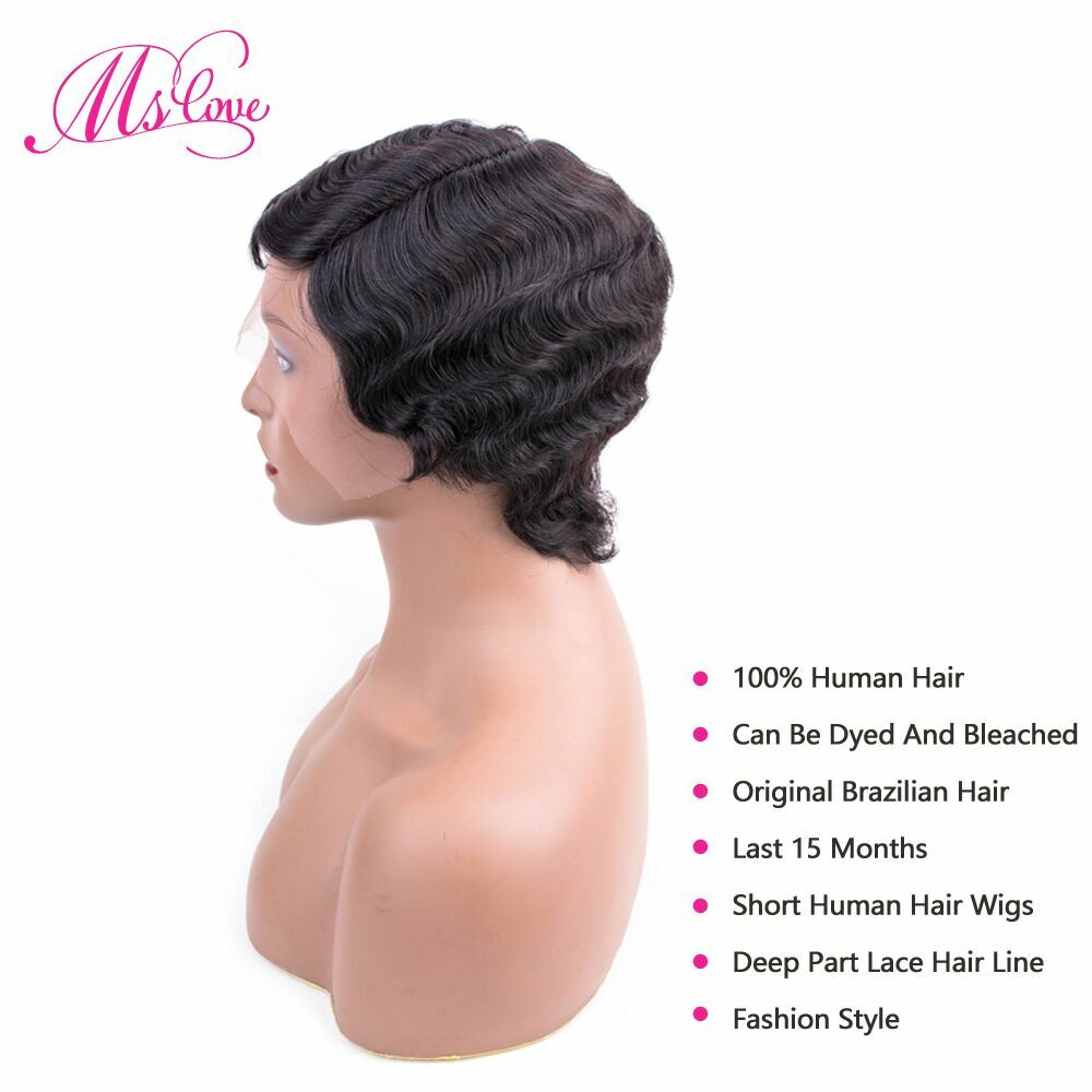 Beauhair Short Pixie Cut Lace Part Human Hair Wigs For Black Women Mommy Wig Brazilian Virgin Hair Wigs Finger Ocean Wave Wig Remy Human Hair Wig Cheap Wig For Party（Black 1B#）