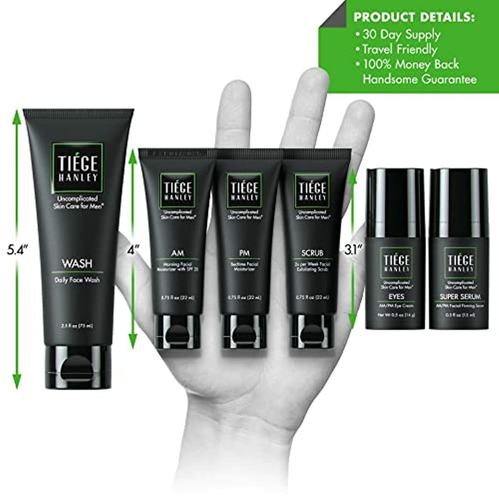 Tiege Hanley Anti-aging Skin Care Routine for Men with Face Serum| Skin Care System Level 3 | Face Wash, Scrub, Two Moisturizers, Eye Cream and Face Serum | Made in USA | 30 Day Supply