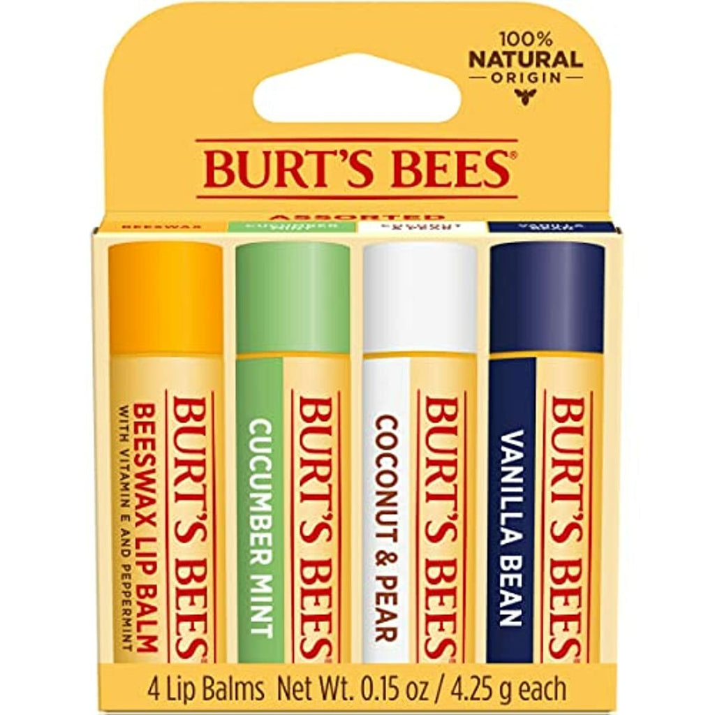 Lip Balm, Burt's Bees Moisturizing Lip Care, 100% Natural, Original Beeswax, Cucumber Mint, Coconut & Pear, Vanilla Bean with Beeswax & Fruit Extracts (4 Pack)