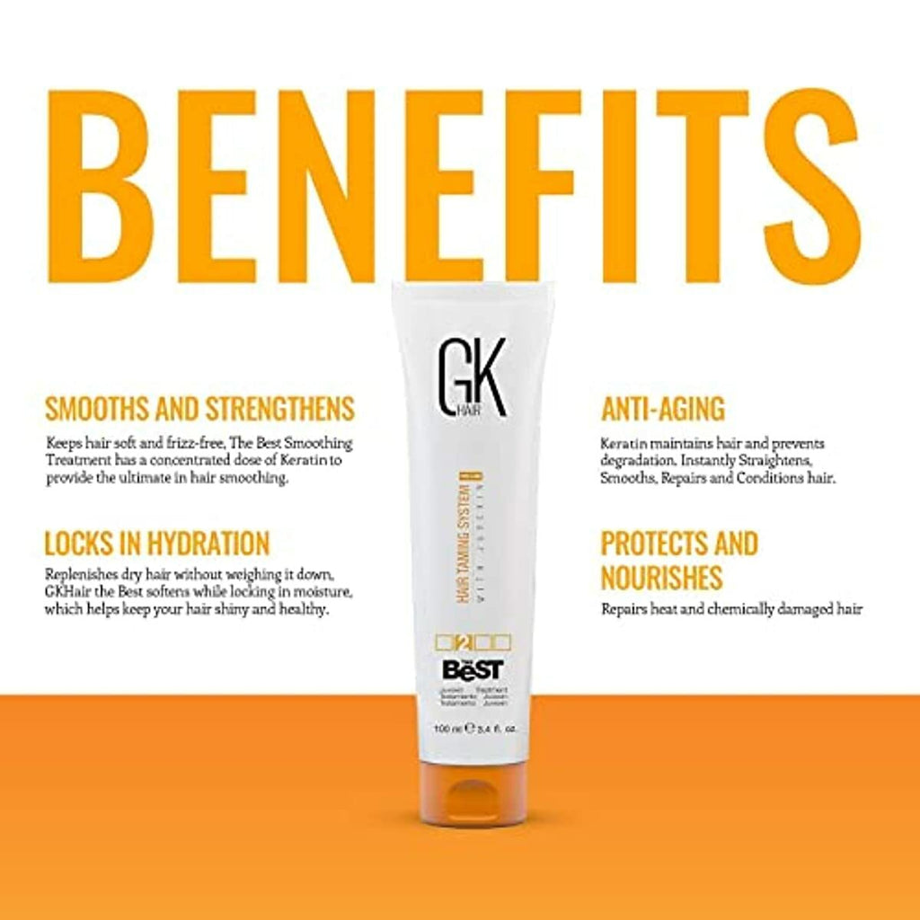 GK HAIR Global Keratin The Best (3.4 Fl Oz/100ml) Smoothing Keratin Hair Treatment - Professional Brazilian Complex Blowout Straightening For Silky Smooth & Frizz Free Hair - HAIR SMOOTHING TREATMENT-Formaldehyde Free